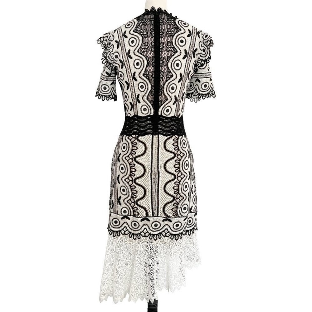 Sea New York Black and White Lola Lace Marcame Knit Assymetrical Hem Dress 6